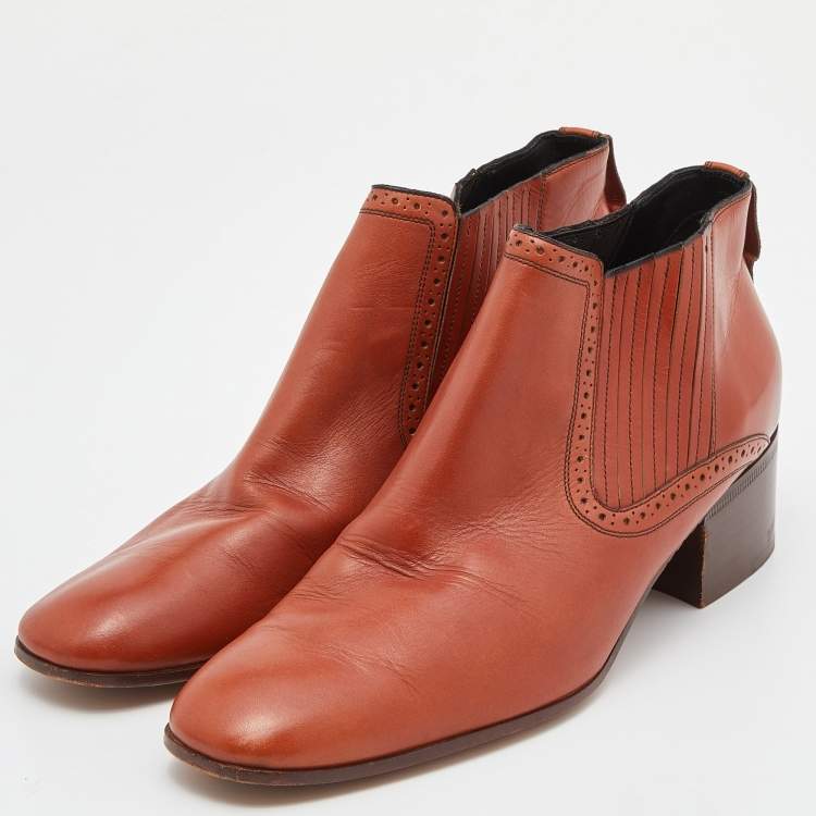 Pre Owned Celine Brown Leather Block Heel Ankle Booties Size 38