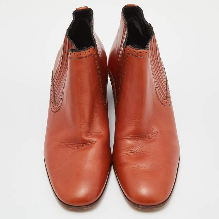 Pre Owned Celine Brown Leather Block Heel Ankle Booties Size 38
