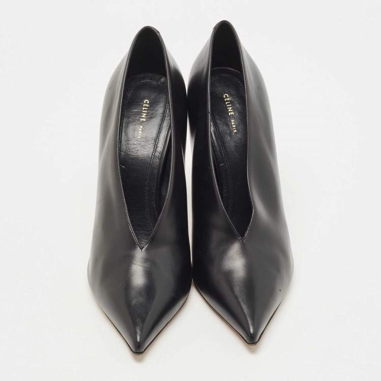 Pre Owned Celine Black Leather V Neck Pumps Size 38