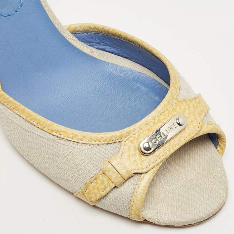 Pre Owned Celine Two Tone Macadam Canvas and Leather Slide Sandals Size 38