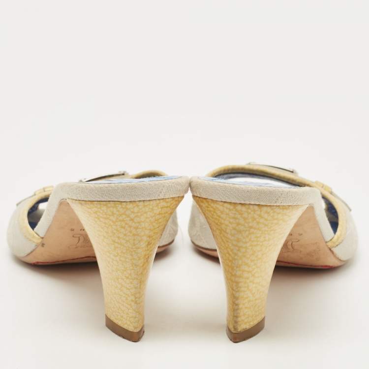 Pre Owned Celine Two Tone Macadam Canvas and Leather Slide Sandals Size 38