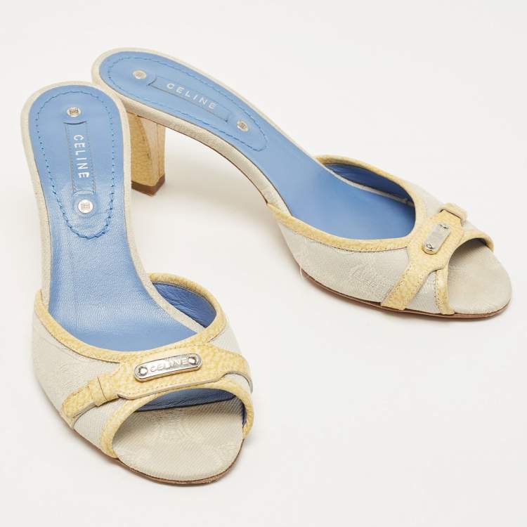 Pre Owned Celine Two Tone Macadam Canvas and Leather Slide Sandals Size 38