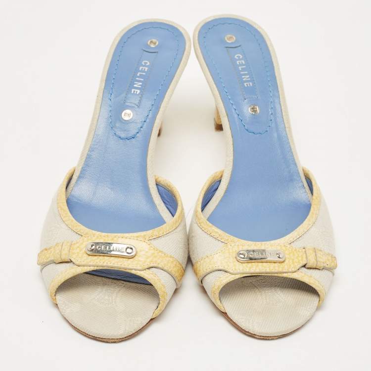 Pre Owned Celine Two Tone Macadam Canvas and Leather Slide Sandals Size 38