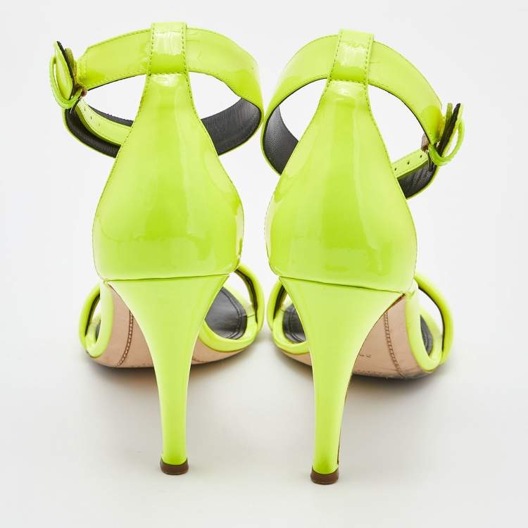 Pre Owned Celine Neon Yellow Patent Leather Ankle Strap Sandals Size 39
