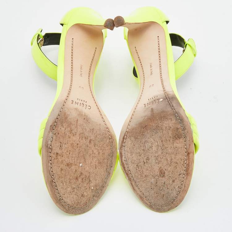 Pre Owned Celine Neon Yellow Patent Leather Ankle Strap Sandals Size 39