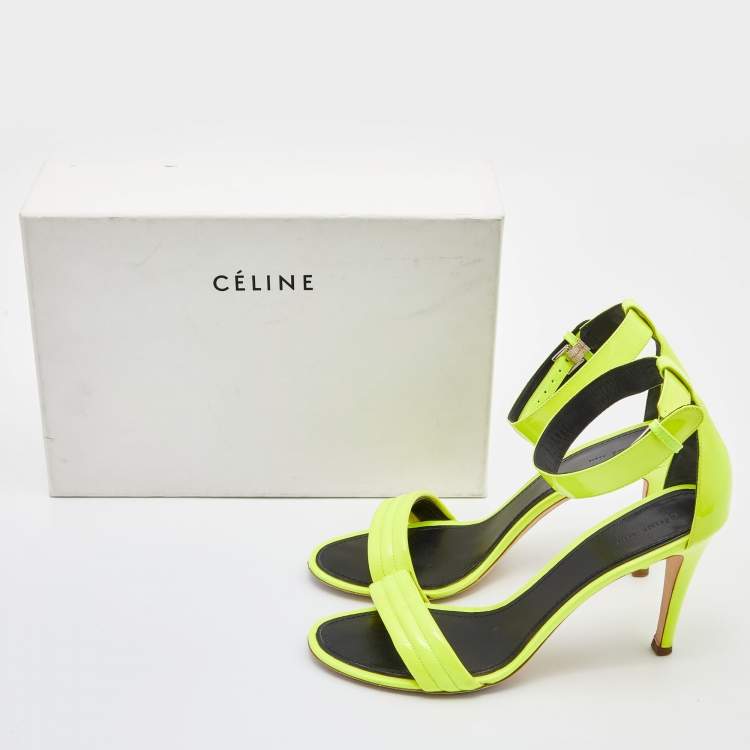 Pre Owned Celine Neon Yellow Patent Leather Ankle Strap Sandals Size 39
