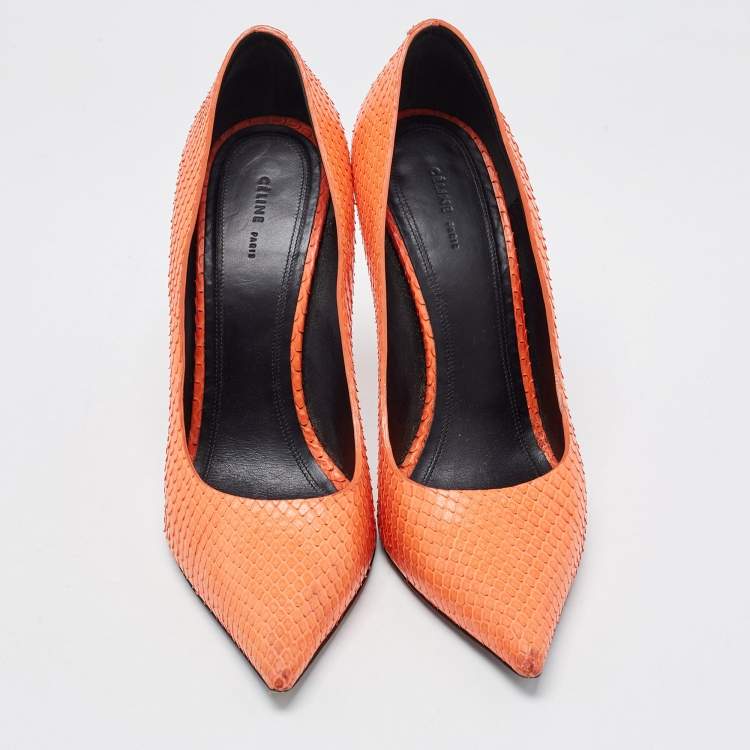 Pre Owned Celine Orange Python Leather Pointed Toe Pumps Size 37