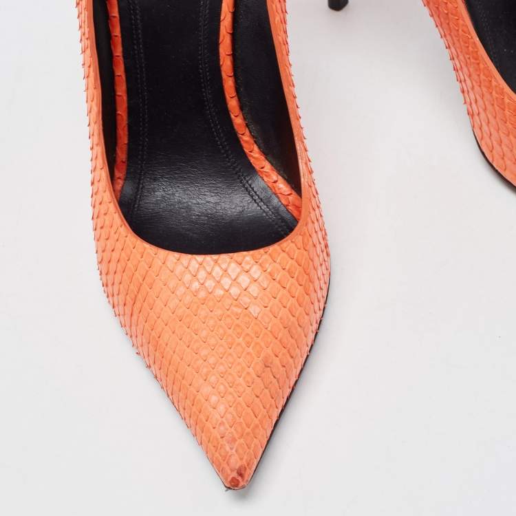 Pre Owned Celine Orange Python Leather Pointed Toe Pumps Size 37