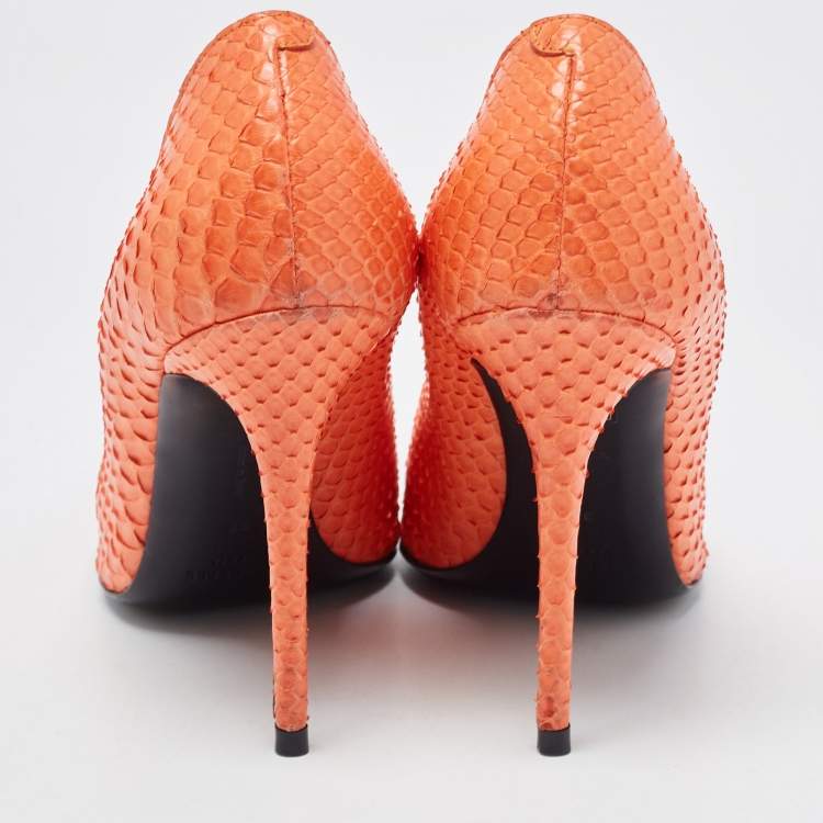 Pre Owned Celine Orange Python Leather Pointed Toe Pumps Size 37