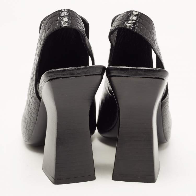 Pre Owned Celine Black Croc Embossed Leather Slingback Open Toe Sandals Size 38