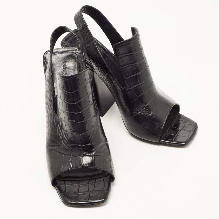 Pre Owned Celine Black Croc Embossed Leather Slingback Open Toe Sandals Size 38
