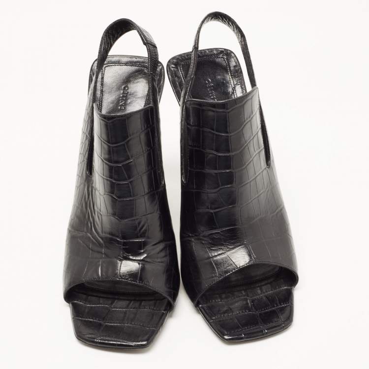 Pre Owned Celine Black Croc Embossed Leather Slingback Open Toe Sandals Size 38