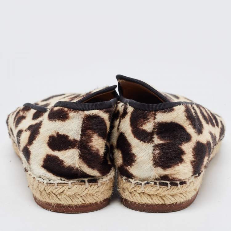 Pre Owned Celine Beige/Brown Leopard Print Calfhair Espadrilles Flats Size 38