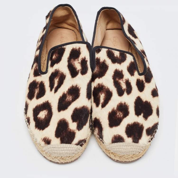 Pre Owned Celine Beige/Brown Leopard Print Calfhair Espadrilles Flats Size 38