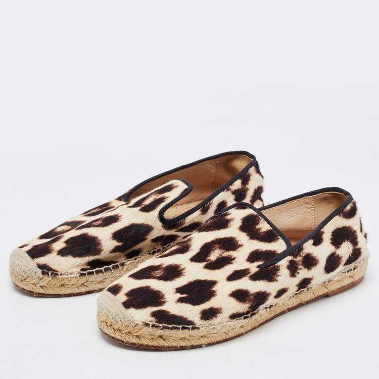 Pre Owned Celine Beige/Brown Leopard Print Calfhair Espadrilles Flats Size 38