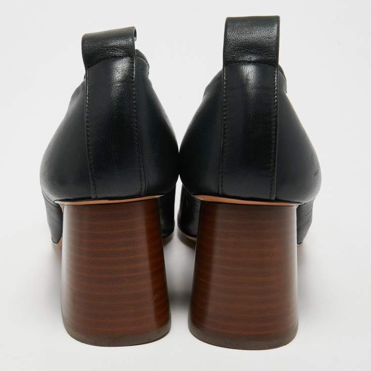 Pre Owned Celine Dark Green Leather Scrunch Ballerina Block Heel Pumps Size 37.5