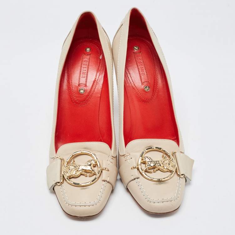 Pre Owned Celine Cream Leather Logo Detail Loafer Pumps Size 39.5