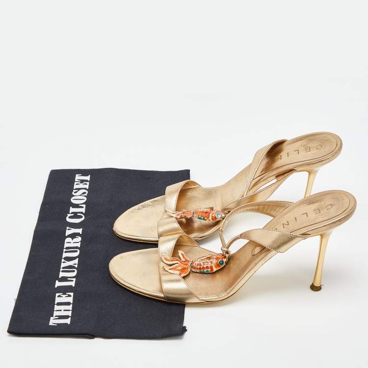 Pre Owned Celine Metallic Gold Leather Koi Fish Embellished Slide Sandals Size 39