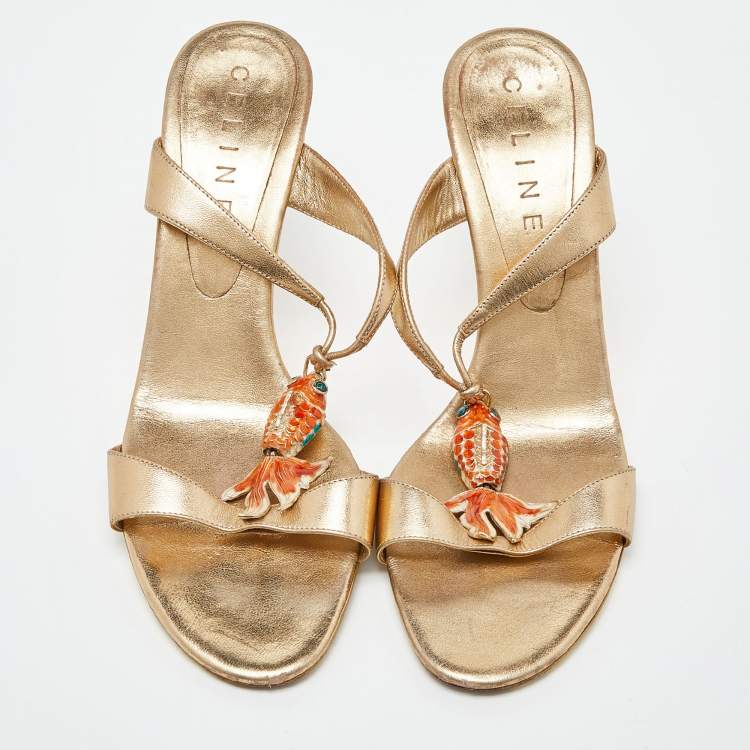Pre Owned Celine Metallic Gold Leather Koi Fish Embellished Slide Sandals Size 39