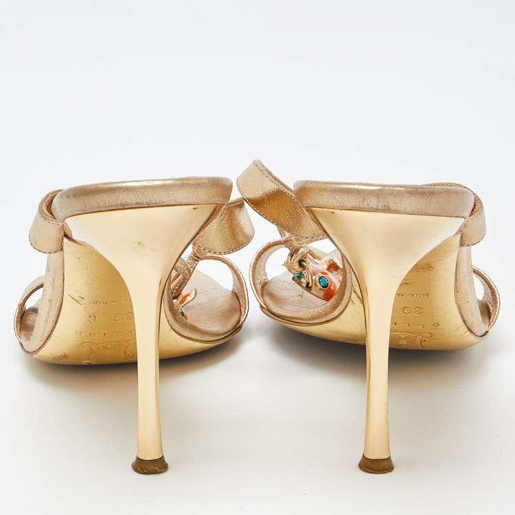 Pre Owned Celine Metallic Gold Leather Koi Fish Embellished Slide Sandals Size 39