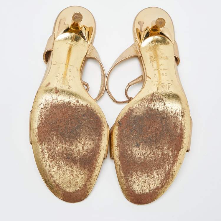 Pre Owned Celine Metallic Gold Leather Koi Fish Embellished Slide Sandals Size 39