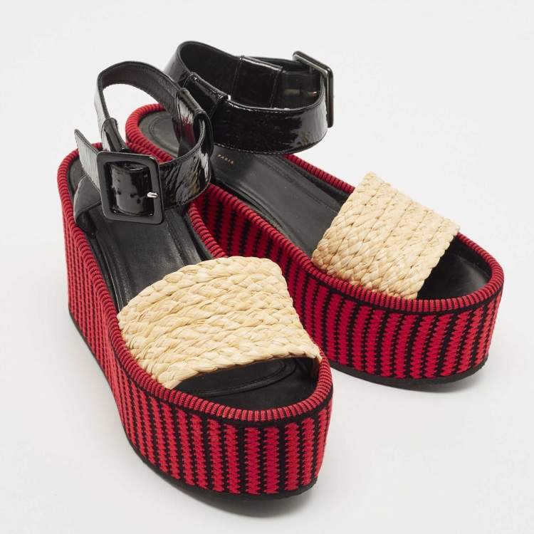 Pre Owned Celine Multicolor Patent and Raffia Wedge Striped Sandals Size 37.5