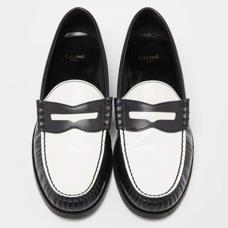 Pre Owned Celine Black/White Leather Slip On Loafers Size 38