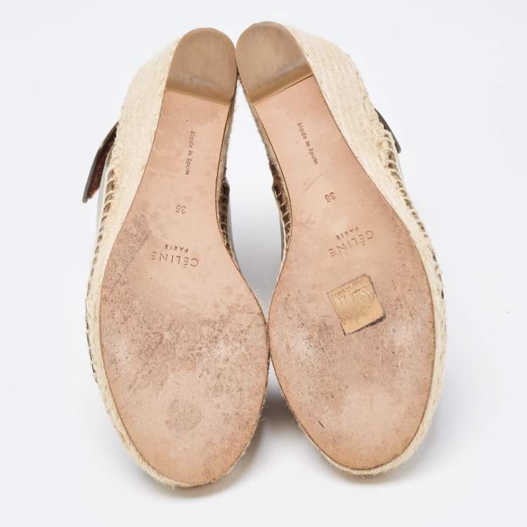 Pre Owned Celine Green Leather Wedge Espadrille Open Toe Slingback Sandals Size 36