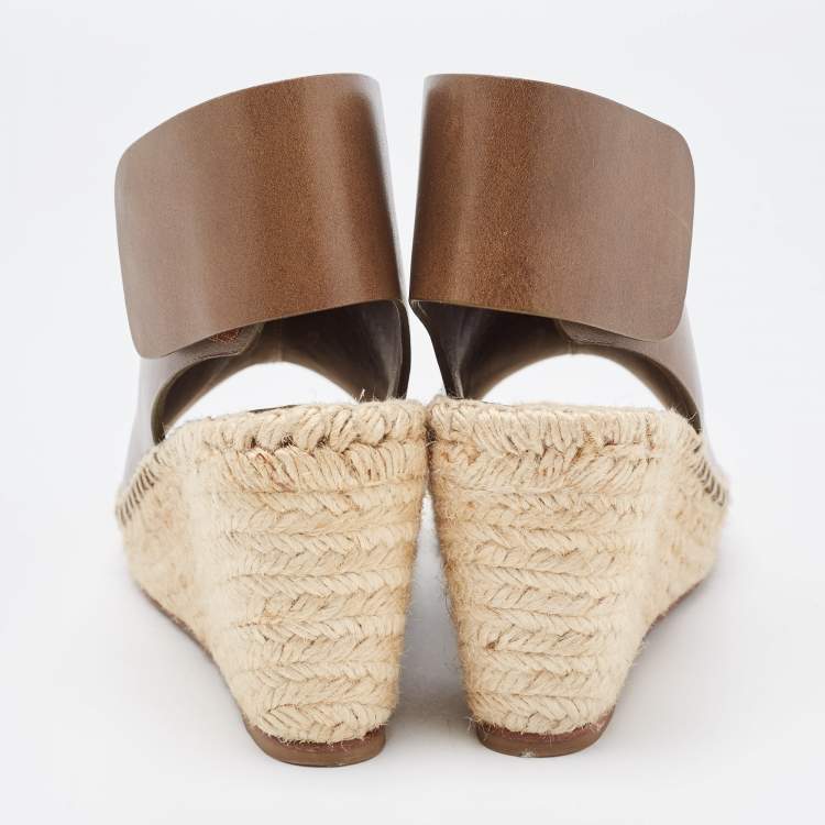 Pre Owned Celine Green Leather Wedge Espadrille Open Toe Slingback Sandals Size 36