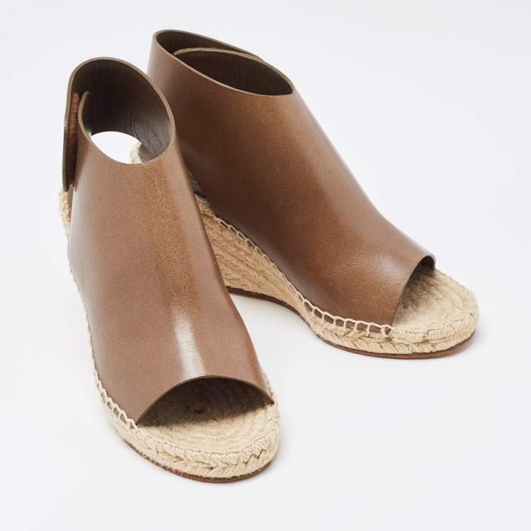 Pre Owned Celine Green Leather Wedge Espadrille Open Toe Slingback Sandals Size 36