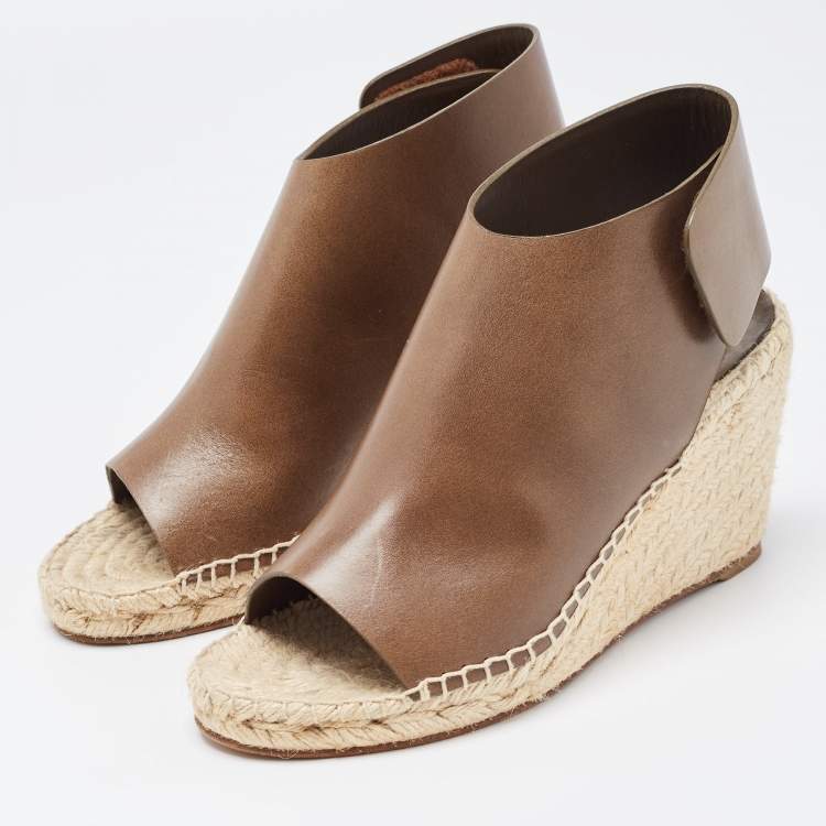 Pre Owned Celine Green Leather Wedge Espadrille Open Toe Slingback Sandals Size 36