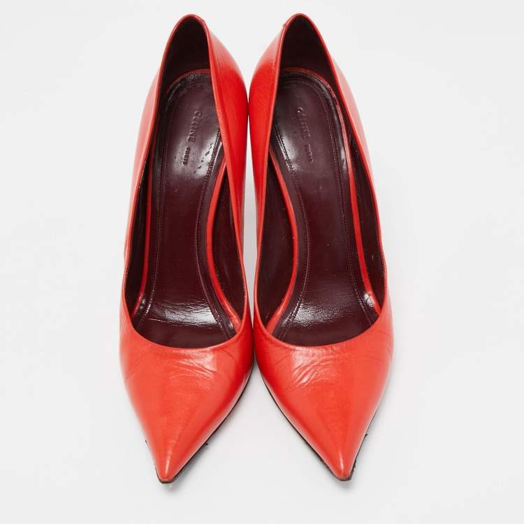 Pre Owned Celine Orange Leather Pointed Toe Pumps Size 39