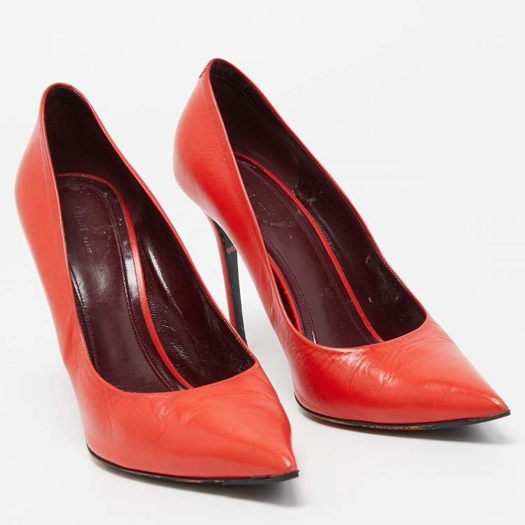 Pre Owned Celine Orange Leather Pointed Toe Pumps Size 39