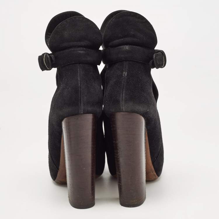 Pre Owned Celine Black Suede Platform Block Heel Ankle Booties Size 37