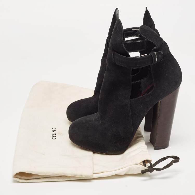 Pre Owned Celine Black Suede Platform Block Heel Ankle Booties Size 37