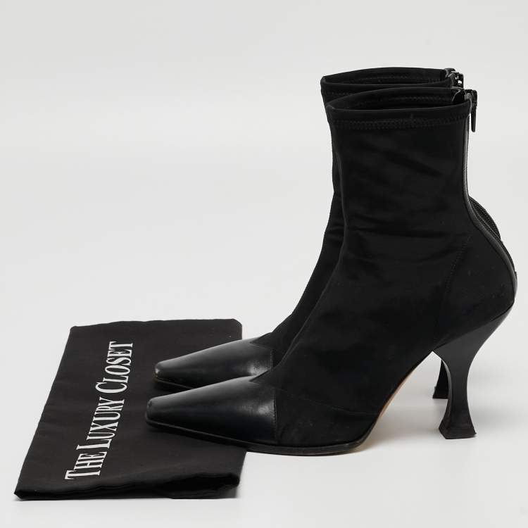 Pre Owned Celine Black Nylon and Leather Square Toe Ankle Boots Size 37