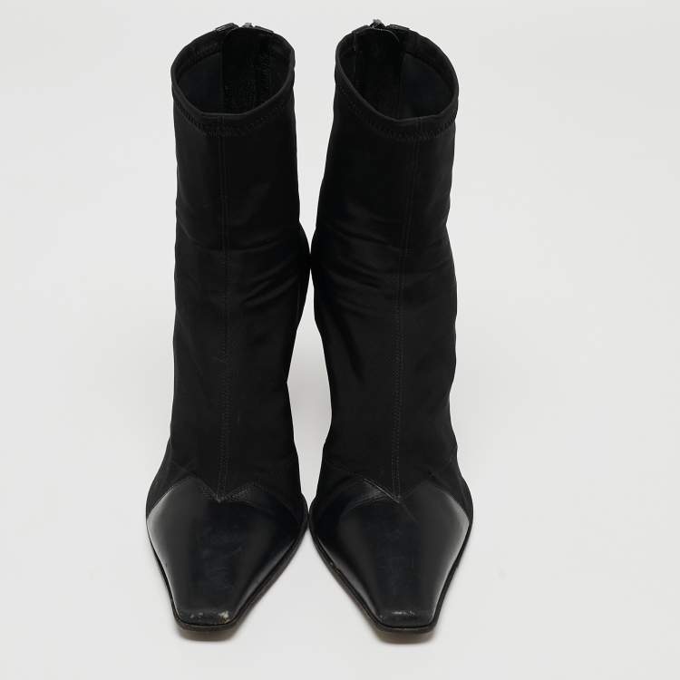 Pre Owned Celine Black Nylon and Leather Square Toe Ankle Boots Size 37