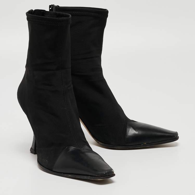 Pre Owned Celine Black Nylon and Leather Square Toe Ankle Boots Size 37