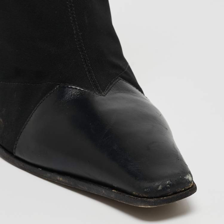 Pre Owned Celine Black Nylon and Leather Square Toe Ankle Boots Size 37