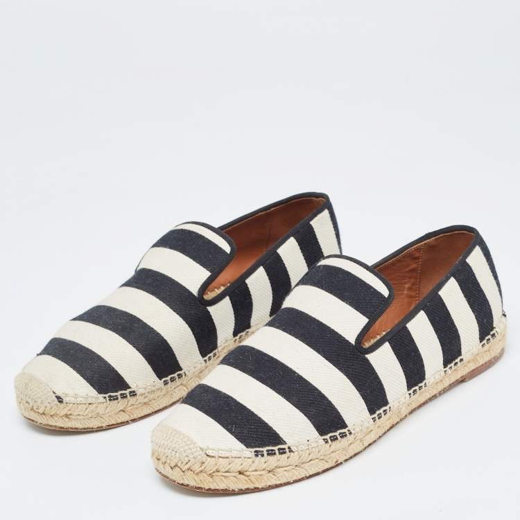 Pre Owned Celine White/Black Striped Canvas Espadrille Flats Size 40