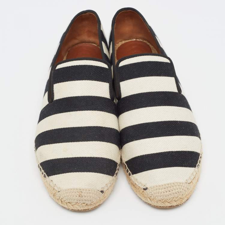 Pre Owned Celine White/Black Striped Canvas Espadrille Flats Size 40
