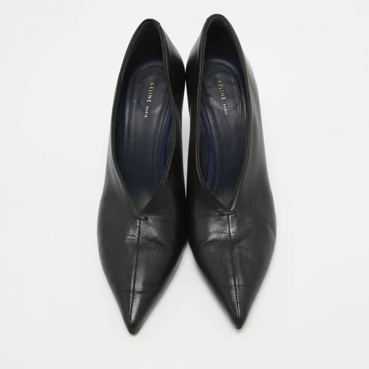 Pre Owned Celine Black Leather V Neck Pointed Toe Pumps Size 37