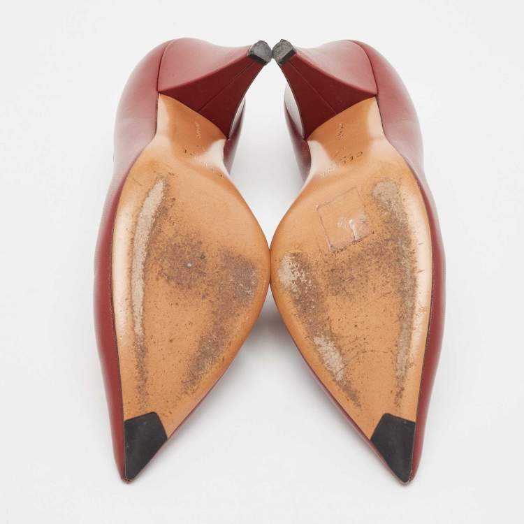 Pre Owned Celine Burgundy Leather V Neck Pointed Toe Pumps Size 37