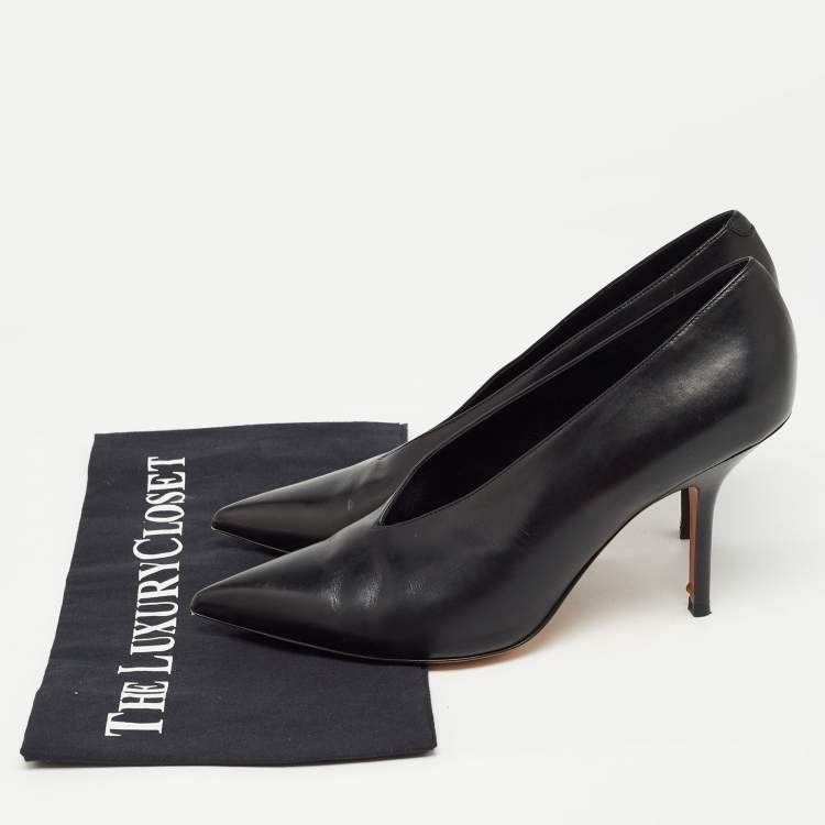Pre Owned Celine Black Leather V Neck Pointed Toe Pumps Size 38