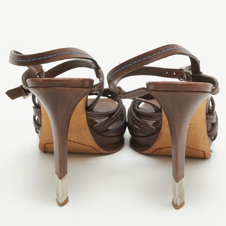 Pre Owned Celine Brown Leather Platform Ankle Strap Sandals Size 40.5