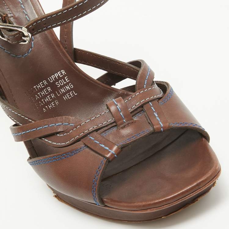 Pre Owned Celine Brown Leather Platform Ankle Strap Sandals Size 40.5