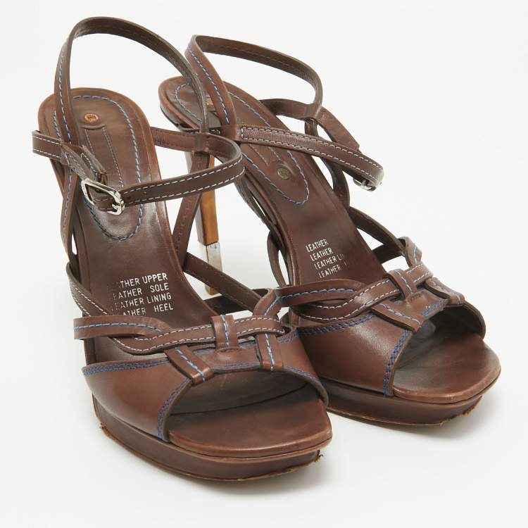 Pre Owned Celine Brown Leather Platform Ankle Strap Sandals Size 40.5