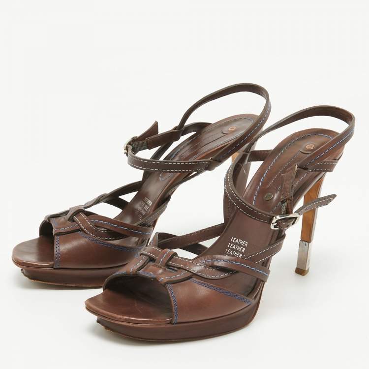 Pre Owned Celine Brown Leather Platform Ankle Strap Sandals Size 40.5