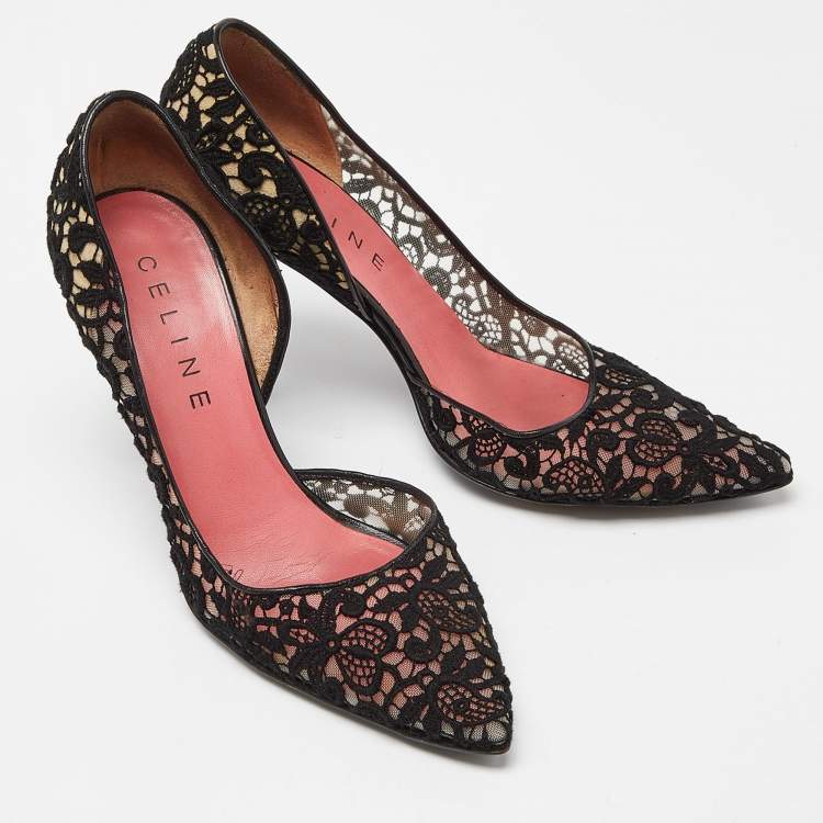 Pre Owned Celine Black Lace and Mesh D'orsay Pointed Toe Pumps Size 38
