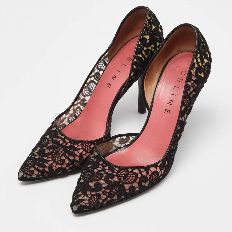 Pre Owned Celine Black Lace and Mesh D'orsay Pointed Toe Pumps Size 38